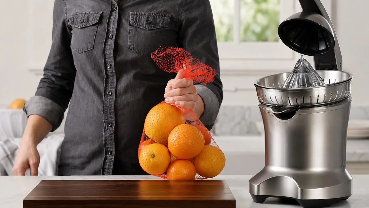 Appelsiner i net ved siden af en citruspresser