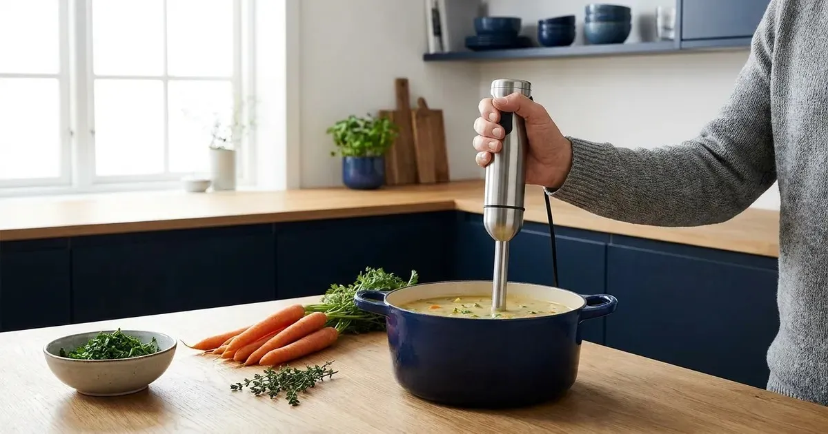 Suppe blendes direkte i gryden med en stavblender